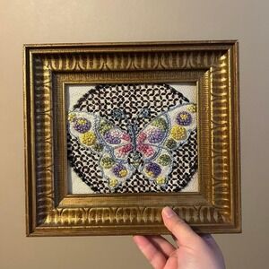Vintage Butterfly Embroidered Wooden Gold Framed Art Crewel Cottagecore Groovy